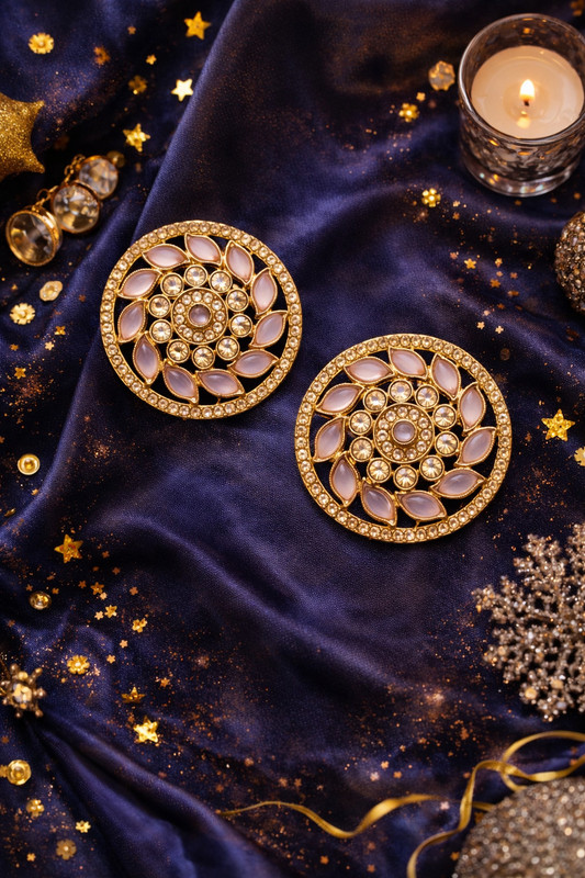 Banitrends Designer Pink Toned Circular Floral Stud Earrings Pearl Crystal, Glass Stud Earring, Tunnel Earring, Hoop Earring