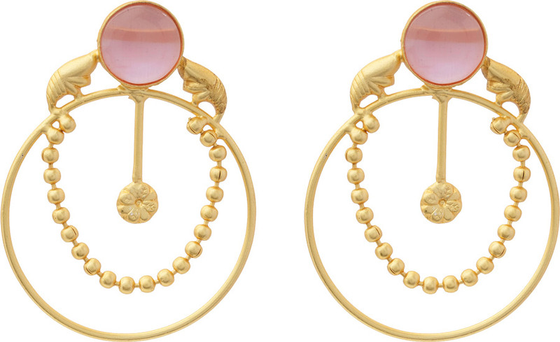 Ethndora Darshini- Stone Studded Golden Framed Dangler Earrings(Baby Pink) Zircon, Pearl Brass Drops & Danglers