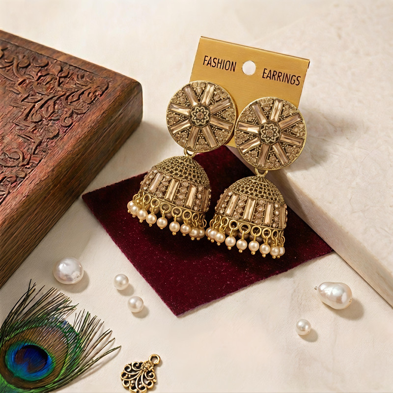 Lahoriya Antique Gold-Toned Starburst Champagne Jhumka Earrings Crystal Alloy Chandbali Earring, Drops & Danglers, Earring Set, Hoop Earring, Jhumki Earring
