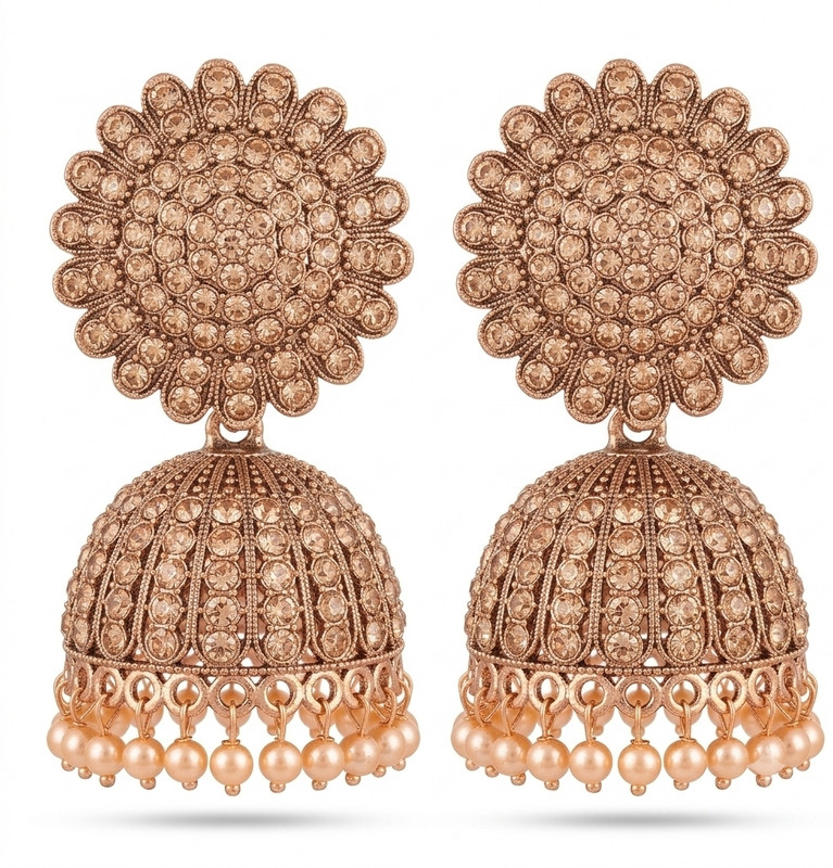 Readymade Cart Antique Rose Gold Champagne Stone Studded Floral Jhumka Earrings for Women White Zircon Alloy Jhumki Earring