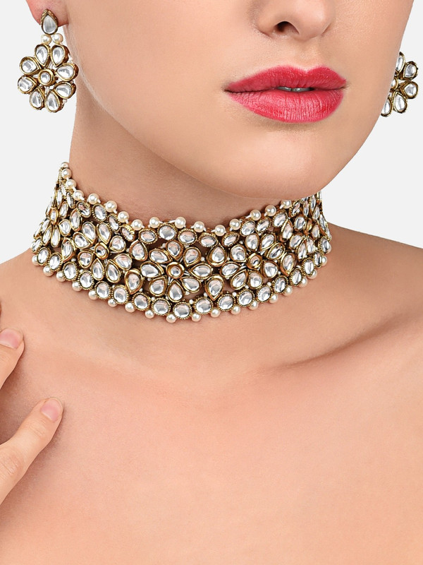 ZAVERI PEARLS Stone Gold-plated Gold, White Jewellery Set(Pack of 1)