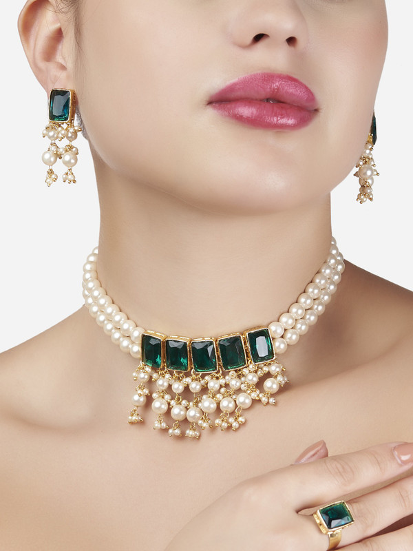 ZAVERI PEARLS Stone Gold-plated Green, White Jewellery Set(Pack of 1)